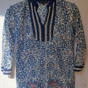 Brooks Brothers 346 Blue White Damask Paisley Tunic Top Lace Trim Split Neck 6